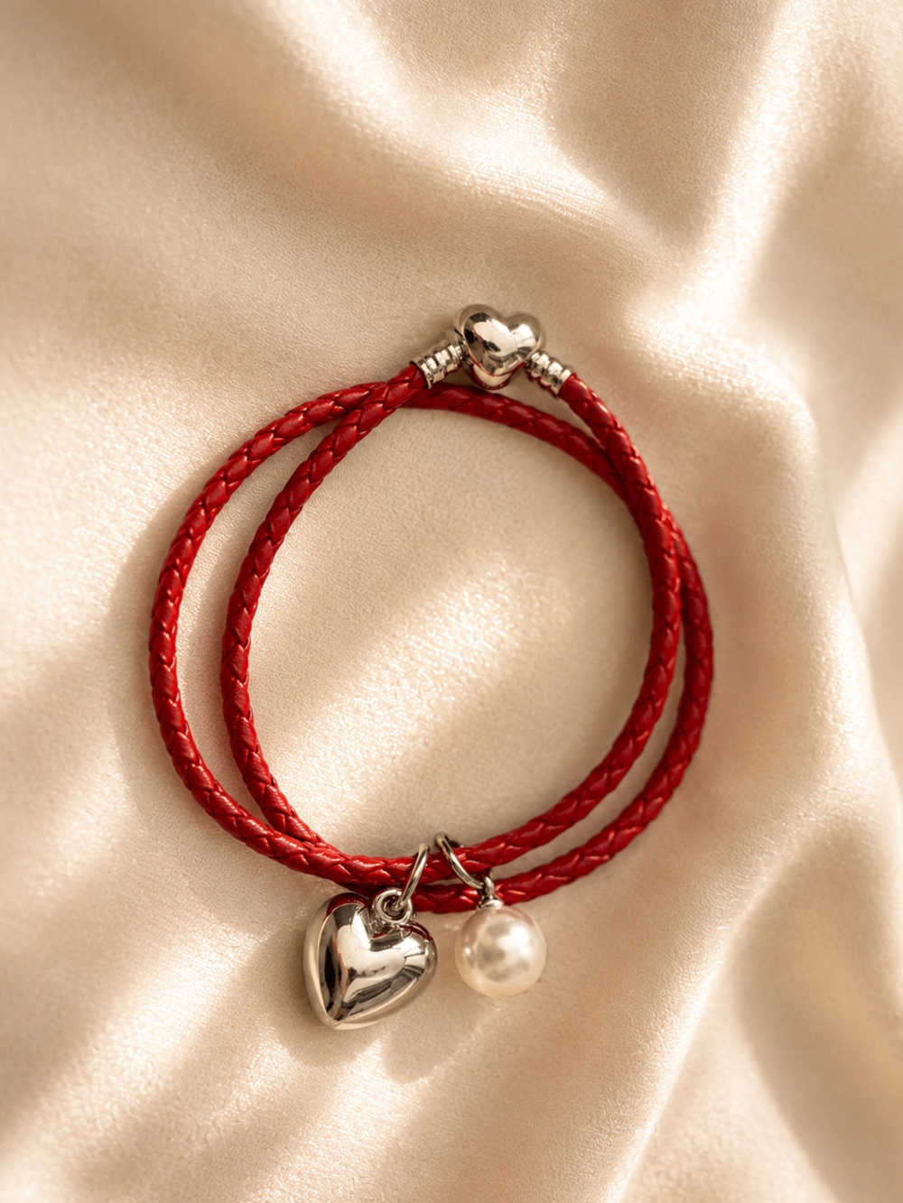 Red Double-Wrap Heart & Pearl Charm Bracelet